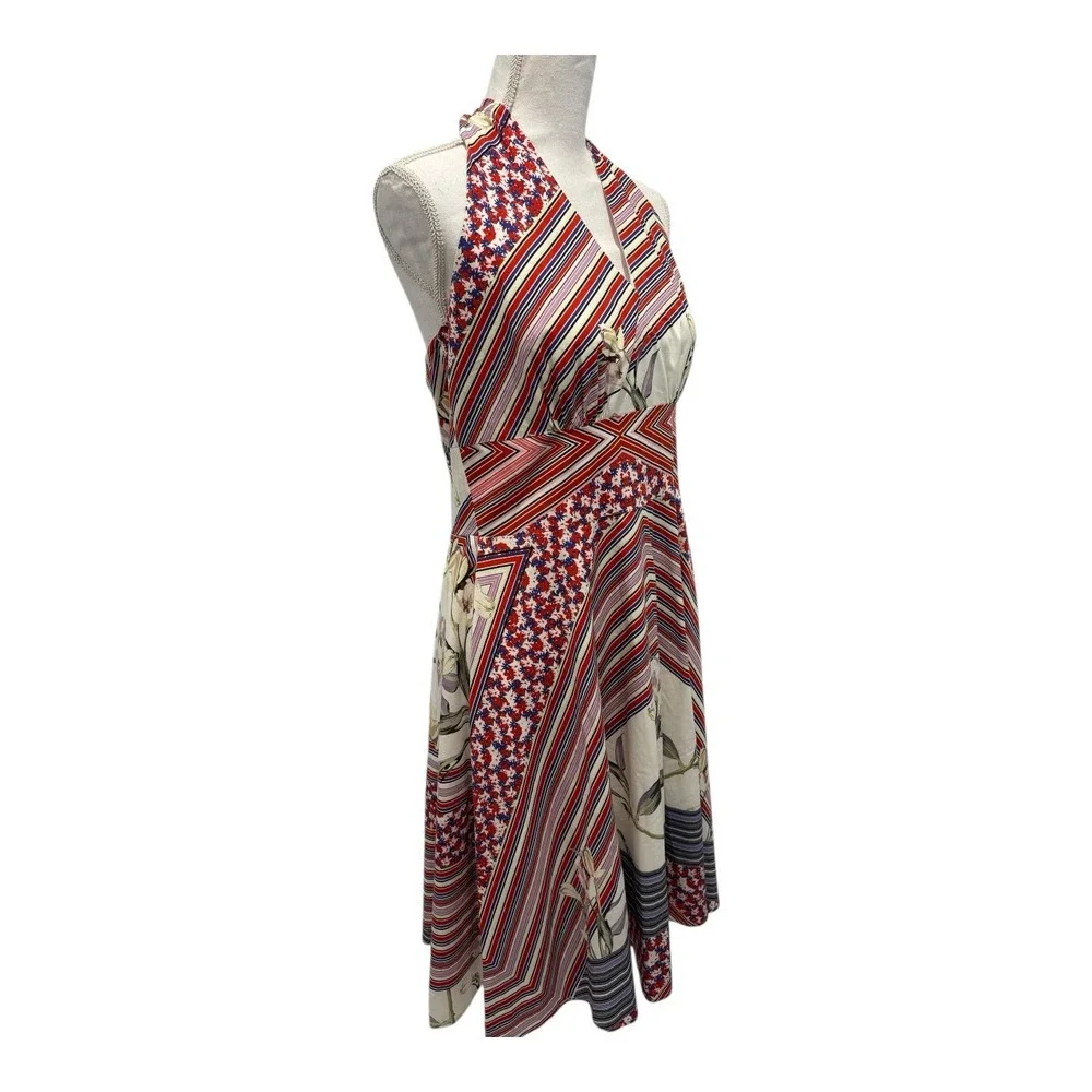 Alexia Admit Dress Women 12 Red Multi Halter Backless Striped Floral Lined Flare